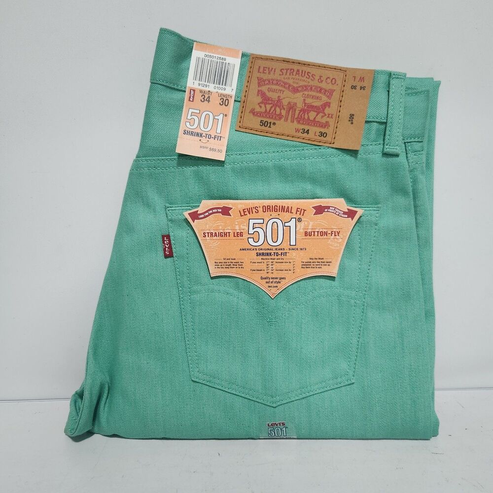 Levi's Men's 501 Original Shrink to Fit Jeans Spring Mint Teal Green 34W x 30L - Picture 2 of 7